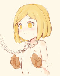  1girl baigao beige_background blonde_hair blush brown_gloves chain fate/grand_order fate_(series) flat_chest gloves highres loli nipples nude paul_bunyan_(fate) short_hair simple_background sketch solo yellow_eyes  rating:Questionable score:78 user:danbooru