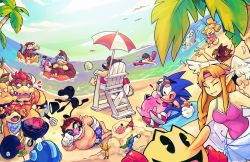 ! 4girls 6+boys angel_wings animal_crossing barbecue bayonetta bayonetta_(character) bayonetta_2 beach beach_towel blue_fur bowser bowser_jr. braid breasts chimpanzee cleavage cocktail cocktail_glass commentary cooking creatures_(company) crossover cup day diddy_kong dog_girl donkey_kong donkey_kong_(series) donkey_kong_country drinking_glass english_commentary eyewear_on_head facial_hair feathered_wings fisheye food furry game_freak gen_1_pokemon gloves gorilla hawaiian_shirt headband highres horns innertube isabelle_(animal_crossing) jigglypuff kid_icarus kid_icarus_uprising laurel_crown lifeguard lifeguard_chair long_hair long_pointy_ears lotion_bottle low_braid lying mario mario_(series) meat medium_breasts mr._game_&amp;_watch multiple_boys multiple_crossover multiple_girls multiple_others mustache necktie nintendo ocean on_back one-piece_swimsuit pac-man pac-man_(game) pikmin_(creature) pikmin_(series) pink_swimsuit pinky_out pit_(kid_icarus) pointy_ears pokemon pokemon_(creature) pool_noodle princess_zelda red_hair revision rockman rockman_(character) rockman_(classic) sarong shark sharp_teeth shirt shoes short_hair side-by-side single_braid sneakers sonic_the_hedgehog sonic_(series) spatula spudenski summer sunbathing sunglasses super_mario_bros. super_smash_bros. sweatband sweatdrop swimsuit teeth the_legend_of_zelda the_legend_of_zelda:_a_link_between_worlds thick_eyebrows towel turtle_shell wario white_gloves wings