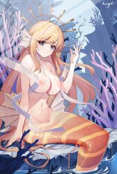 1girl absurdres air_bubble blonde_hair blush breasts bubble closed_mouth collarbone completely_nude fins head_fins highres large_breasts lc_angel long_hair looking_at_viewer mermaid monster_girl navel nipples nude original sitting smile solo wading water rating:Questionable score:11 user:danbooru
