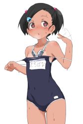 1girl bare_shoulders black_hair breath brown_eyes bubukka chestnut_mouth clothes_pull collarbone covered_navel cowboy_shot gluteal_fold goggles goggles_around_neck hair_bobbles hair_ornament hairclip heart heart-shaped_pupils hot loli name_tag one-piece_swimsuit one-piece_swimsuit_pull one-piece_tan original school_swimsuit short_hair short_twintails simple_background solo sweat swimsuit symbol-shaped_pupils tachibana_momoka_(bubukka) tan tanline twintails white_background rating:Questionable score:80 user:Domestic_Importer