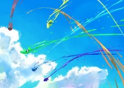  animal animal_focus black_eyes blue_sky closed_eyes cloud day inkling inkling_player_character koike3582 nintendo no_humans octoling octoling_player_character octopus outdoors rainbow_order sky splatoon_(series) squid 