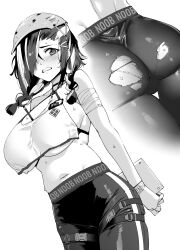  1girl absurdres ass bandaged_arm bandages blush braid breasts cleavage crop_top fragile_(nikke) goddess_of_victory:_nikke greyscale helmet highres holding key large_breasts long_hair monochrome multicolored_hair multiple_views navel panties pants shirt sweat tomohiro_kai torn_clothes torn_pants twin_braids two-tone_hair underboob underwear 