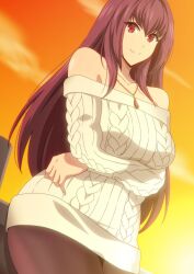  1girl bare_shoulders breasts collar crossed_arms curvy evening fate/grand_order fate_(series) gem hara_(harayutaka) highres large_breasts long_hair looking_at_viewer purple_hair red_eyes red_gemstone scathach_(fate) smile solo sweater thighhighs thighs wide_hips  rating:Sensitive score:24 user:56uy655