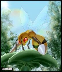  antennae artist_name beedrill commentary_request creatures_(company) day from_below full_body game_freak gen_1_pokemon highres nintendo no_humans outdoors pokemon pokemon_(creature) red_eyes sky soezy solo water_drop 