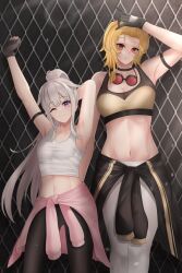  2girls absurdres arm_behind_head arm_up armband armpits black_background black_gloves black_pants blonde_hair breasts chain-link_fence cleavage clothes_around_waist collarbone commentary english_commentary exercise eyelashes fence gloves goggles goggles_around_neck grey_hair hair_slicked_back highres hololive hololive_english hololive_indonesia jacket jacket_around_waist kaela_kovalskia koseki_bijou long_hair looking_at_viewer medium_breasts multiple_girls navel one_eye_closed pants parted_lips ponytail popcornflakes purple_eyes red-tinted_eyewear red_eyes short_hair sidelocks small_breasts smile sports_bra stomach sweat tank_top tinted_eyewear virtual_youtuber white_pants white_tank_top workout_clothes 