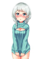  10s 1girl :o alternate_costume bang_dream! blue_eyes blush braid breasts cleavage cleavage_cutout clothes_tug clothing_cutout cowboy_shot highres long_sleeves looking_at_viewer medium_breasts meme_attire no_pants open-chest_sweater otearaisu ribbed_sweater short_hair silver_hair simple_background solo standing sweater sweater_tug turtleneck turtleneck_sweater twin_braids wakamiya_eve white_background 