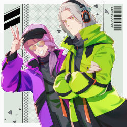  2boys :| ;d alternate_costume barcode black_shirt border braid closed_mouth collared_jacket contemporary cowboy_shot crossed_arms emet-selch final_fantasy final_fantasy_xiv fosaster_fenrir from_side frown furrowed_brow green_background green_jacket grey_hair grin hand_up headphones high_collar highres hythlodaeus jacket long_sleeves looking_at_viewer male_focus multiple_boys one_eye_closed open_clothes open_jacket open_mouth outside_border purple_hair purple_jacket shirt short_hair side_braid single_braid smile standing sunglasses v visor_cap white_border yellow_eyes 