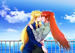  2girls aqua_sweater arms_around_waist blonde_hair blue_jacket blue_sky breasts brown_hair casual closed_eyes eyelashes face-to-face fate_testarossa formal hands_on_another&#039;s_back hands_on_another&#039;s_shoulders imminent_kiss jacket jewelry leoheart long_hair long_sleeves lyrical_nanoha multiple_girls ocean railing ring shore sky smile suit suit_jacket sweater takamachi_nanoha turtleneck turtleneck_sweater wife_and_wife yuri 