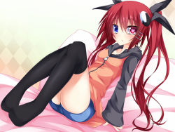  1girl :&lt; bed blue_eyes blush francesca_alberti hair_ornament hair_ribbon heart heterochromia hood hoodie open_mouth original pillow red_eyes red_hair ribbon shorts sitting suterii symbol-shaped_pupils thighhighs twintails 