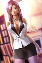  breasts cleavage earrings covered_erect_nipples jewelry necklace pink_hair skirt tattoo  rating:Sensitive score:9 user:Ryukinzo