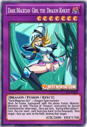  1girl armor assisted_masturbation blonde_hair dark_magician_girl dark_magician_girl_the_dragon_knight dragon duel_monster female_masturbation fusion knight masturbation object_insertion pussy reit size_difference the_eye_of_timaeus tongue tongue_out trading_card yu-gi-oh! yu-gi-oh!_duel_monsters 