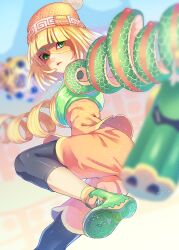 1girl arms_(game) beanie black_pants blonde_hair blunt_bangs blurry bouzu_(bonze) capri_pants chinese_clothes commentary_request depth_of_field domino_mask dragon_(arms) green_eyes green_footwear hat high_tops mask megawatt_(arms) min_min_(arms) orange_hat orange_shorts pants parted_lips shoes short_hair shorts sneakers solo standing standing_on_one_leg