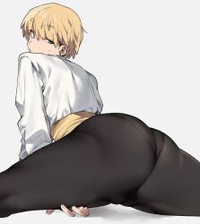  1girl ass ass_focus black_pants blonde_hair blue_eyes closed_mouth commentary english_commentary feet_out_of_frame from_behind grey_background highres king_(snk) looking_at_viewer looking_back pants pantylines reverse_trap ryuuko_no_ken shirt short_hair simple_background solo split sweatdrop the_king_of_fighters the_king_of_fighters_xiii tight_clothes tight_pants urec white_shirt 