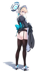 1girl absurdres ass bad_kim black_dress black_panties blonde_hair blue_archive blue_eyes clothes_lift dress dress_lift from_behind full_body hair_bun halo headset highres lifting_own_clothes looking_at_viewer maid maid_headdress panties shadow short_hair simple_background single_hair_bun solo standing thighhighs toki_(blue_archive) underwear white_background rating:Sensitive score:40 user:danbooru
