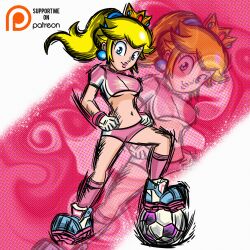  1girl absurdres alternate_hairstyle ball bike_shorts blonde_hair blue_eyes breasts cleats crop_top crown earrings eyelashes flipped_hair full_body gem gloves hair_tie hair_up hands_on_own_hips hat high_ponytail highres jewelry kneehighs large_breasts legs_apart light_smile lipstick long_hair looking_at_viewer makeup mario_(series) midriff navel nintendo pink_lips pink_socks playing_sports ponytail princess_peach shoes short_sleeves sidelocks smile sneakers soccer soccer_ball soccer_uniform socks solo sportswear standing strikers_peach super_mario_strikers telstar turtleneck underboob uniform white_gloves 