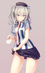 10s 1girl alternate_costume azumi_akitake beret blouse blue_eyes blush breasts clothes_lift colored_eyelashes commentary_request cowboy_shot cum cum_on_legs cumdrip embarrassed employee_uniform hair_between_eyes hat highres kantai_collection kashima_(kancolle) kefir lawson lifting_own_clothes lips long_hair looking_at_viewer medium_breasts miniskirt no_bra no_panties open_clothes open_shirt pleated_skirt revision shirt signature silver_hair simple_background skirt skirt_lift solo striped_clothes striped_shirt suggestive_fluid thighs tsurime twintails uniform wavy_hair rating:Explicit score:64 user:danbooru
