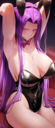  1girl absurdres armpits bare_shoulders black_leotard breasts cleavage fate/stay_night fate_(series) forehead highres large_breasts leotard long_hair looking_at_viewer medusa_(fate) medusa_(rider)_(fate) parted_bangs playboy_bunny purple_eyes purple_hair rororo sidelocks solo very_long_hair  rating:Sensitive score:40 user:danbooru