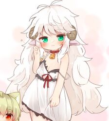  1girl ahoge animal_ears bell blush breasts choker dress dress_grab green_eyes highres horns jingle_bell loli long_hair looking_at_viewer messy_hair neck_bell original sheep_ears sheep_girl sheep_horns small_breasts smile solo strap_slip sunapua very_long_hair white_dress white_hair 