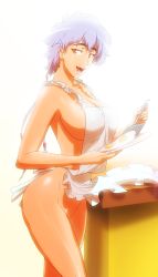  apron bleach bottomless breasts cooking egg gairon highres kotetsu_isane lips naked_apron plate short_hair sideboob spatula  rating:Questionable score:143 user:orochijes