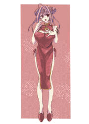  1girl bare_arms blush braid braided_bun breasts china_dress chinese_clothes double_bun dress fingernails full_body hair_bun highres large_breasts long_legs nordic50425 open_mouth original pink_hair red_dress red_eyes red_footwear red_ribbon ribbon shoulder_tattoo sleeveless sleeveless_dress solo tattoo tears 