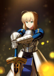  &gt;:( 1girl absurdres ahoge armor armored_dress artoria_pendragon_(all) artoria_pendragon_(fate) blonde_hair blue_dress blurry blurry_background braid dark_background dress fate/grand_order fate/stay_night fate_(series) gauntlets gold_trim green_eyes hair_between_eyes hair_bun highres holding holding_sword holding_weapon juliet_sleeves leaning_on_object light_particles long_sleeves looking_at_viewer medium_hair puffy_sleeves saber_(fate) sidelocks single_braid standing sword v-shaped_eyebrows weapon xogus1025 