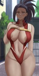  1girl absurdres artist_name black_eyes black_hair blush boku_no_hero_academia breasts cleavage curvy hand_on_own_chest highres huge_breasts leotard long_hair looking_at_viewer navel nipples oroborus outdoors ponytail solo stomach thick_thighs thighs wide_hips yaoyorozu_momo  rating:Questionable score:129 user:JustHere4Butts