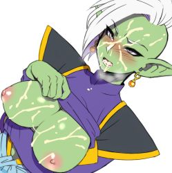 10s 1girl arm_under_breasts armor blush breasts breasts_out breath clothes_lift colored_skin cum cum_in_mouth cum_on_body cum_on_breasts cum_on_upper_body cumdrip dragon_ball dragon_ball_super dutch_angle earrings facial genderswap genderswap_(mtf) green_skin grey_eyes jewelry large_breasts lifted_by_self long_hair looking_at_viewer mohawk nipples nose_blush open_mouth pointy_ears purple_shirt shirt shirt_lift shoulder_armor simple_background solo steam teba_motoko upper_body white_background white_hair zamasu rating:Explicit score:65 user:danbooru