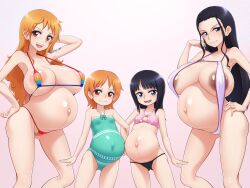  4girls absurdres age_difference aged_down akai_(riaakai) aqua_bikini areola_slip arm_behind_head arm_hug arm_tattoo armpits arms_at_sides belly-to-belly bikini black_hair black_panties blue_eyes blunt_bangs blush breasts contrapposto cowboy_shot dark_nipples feet_out_of_frame female_focus gluteal_fold gradient_background halter_top_bikini halterneck hand_on_own_head highres large_breasts legs_apart loli long_hair looking_at_viewer lowleg matching_hair/eyes medium_hair micro_bikini multicolored_clothes multicolored_swimsuit multiple_girls multiple_persona nami_(one_piece) nico_robin nipples one-piece_swimsuit one_piece open_mouth orange_eyes orange_hair outie_navel panties pink_background pink_bikini pregnant pregnant_loli short_hair sidelocks simple_background small_breasts smile standing swimsuit take_your_pick tareme tattoo teeth time_paradox tsurime underwear upper_teeth_only  rating:Explicit score:346 user:Ruffy16