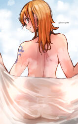 1girl aosora2823 arm_tattoo ass back blush brown_eyes commentary from_behind grin highres holding holding_towel looking_at_viewer looking_back medium_hair nami_(one_piece) nami_(one_piece)_(post-timeskip) nude one_piece orange_hair see-through_silhouette sitting smile solo steam tattoo towel twitter_username wet wet_hair rating:Questionable score:82 user:danbooru