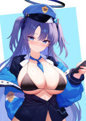  1girl absurdres alternate_costume blue_archive blue_eyes blue_hat blush breasts cellphone cleavage closed_mouth commentary cowboy_shot halo hat highres holding holding_phone large_breasts long_hair mechanical_halo peaked_cap phone purple_hair shan_far smartphone solo two_side_up yuuka_(blue_archive) 