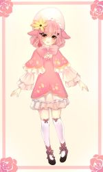 1girl animal_ears black_footwear bonnet bow brown_eyes creatures_(company) deerling deerling_(spring) dress flower frilled_sleeves frills full_body game_freak gen_5_pokemon hair_flower hair_ornament hat highres highvoltage looking_at_viewer nintendo parted_lips personification pink_bow pink_dress pink_hair pokemon shoes solo standing thighhighs white_thighhighs 