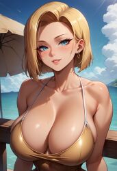  1girl ai-generated android_18 bad_tag bare_shoulders beach bikini blonde_hair blue_eyes blue_sky blush breasts cleavage cloud collarbone covered_navel day dragon_ball dragonball_z dress earrings female female_focus forehead fractureai hoop_earrings huge_breasts jewelry large_breasts looking_at_viewer ocean one-piece_swimsuit original outdoors parted_bangs parted_lips patreon_username railing shiny_skin short_hair skindentation sky smile solo spaghetti_strap swimsuit umbrella upper_body water wet 