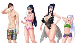  1boy 3girls :d armpit_hair armpits arms_behind_head bare_shoulders bikini black_hair black_one-piece_swimsuit blue_eyes blunt_bangs blush breasts brown_hair bulge cleavage commentary_request covering_privates covering_breasts female_pubic_hair hair_bun hand_on_own_hip highres huge_breasts jewelry kmvt large_breasts long_hair looking_at_viewer male_pubic_hair male_swimwear mature_female mole mole_under_eye multiple_girls navel one-piece_swimsuit open_mouth original parted_lips pink_bikini ponytail pubic_hair pubic_hair_peek purple_eyes ring simple_background single_hair_bun small_breasts smile sweatdrop swim_trunks swimsuit wedding_ring white_background white_hair  rating:Questionable score:41 user:danbooru