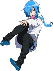  1girl blue_hair blue_nails candy floating food full_body hair_over_one_eye lollipop matsuda_toki matsudappoine nail_polish official_art pants red_eyes short_hair_with_long_locks solo transparent_background utau 