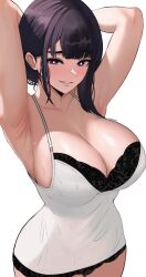  1girl absurdres armpits arms_behind_head black_hair blunt_bangs breasts bright_pupils camisole cleavage collarbone commentary edmun6969 english_commentary highres huge_breasts long_hair looking_at_viewer mato_seihei_no_slave parted_lips purple_eyes smile solo sweat twitter_username white_camisole white_pupils yamashiro_ren 