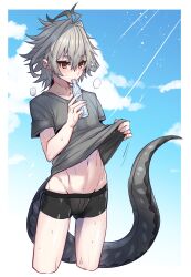  1boy antenna_hair black_male_underwear blue_sky boxers bulge clothes_lift cloud collarbone cropped_legs dragon_tail fate/apocrypha fate_(series) gradient_background green_hair grey_shirt grey_tail groin hair_between_eyes hair_intakes haoro highres hot lifted_by_self light_blush light_particles light_rays long_tail male_focus male_underwear navel orange_eyes outdoors shirt shirt_lift short_hair short_sleeves sieg_(fate) sky solo steam stomach sweat sweatdrop t-shirt tail thighs tupet underwear 