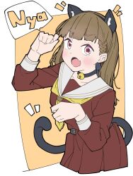 1girl animal_ear_hairband animal_ears bell blunt_bangs blush border braid breasts brown_hair cat_ear_hairband cat_ears cat_tail center-flap_bangs collarbone commentary cowboy_shot cropped_legs fake_animal_ears fake_tail fang hairband hashtag-only_commentary highres kachimachi_kosuzu link!_like!_love_live! liz_(piyoko_piyop) long_hair looking_at_viewer love_live! medium_breasts neck_bell notice_lines nyan open_mouth outside_border paw_pose pink_eyes side_braids skin_fang smile solo straight_hair tail virtual_youtuber white_border yellow_background 