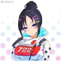  1girl absurdres animification anzu_(x_anzu_ill) apex_legends black_hair blue_eyes bow breasts expressionless eyeshadow hair_bow hair_bun highres jacket looking_at_viewer makeup medium_breasts parted_bangs pink_eyeshadow portrait quarantine_722_wraith signature single_hair_bun solo sticker_on_face twitter_username white_jacket wraith_(apex_legends) 