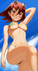  1girl absurdres alternate_costume arm_behind_head arm_up bikini blue_sky breasts cleavage cloud commentary commission ear_piercing english_commentary eva_wei facial_mark from_below full_body goggles goggles_on_head green_bikini grin highleg highleg_bikini highres knee_up large_breasts legs looking_at_viewer navel oban_star-racers piercing red_eyes red_hair revenantart shiny_skin short_hair sky smile solo star_(symbol) star_facial_mark swimsuit  rating:Sensitive score:36 user:danbooru