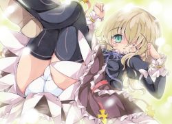 1girl blonde_hair blush boots cropped_jacket dress elize_lutus frills green_eyes long_hair milkpanda one_eye_closed panties purple_thighhighs solo tales_of_(series) tales_of_xillia thigh_boots thighhighs underwear white_panties wink yellow_background rating:Questionable score:9 user:danbooru