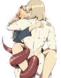  2girls arm_around_waist blonde_hair blush body_fur breasts chimera dragon_tail dungeon_meshi elf evaleen_d falin_touden falin_touden_(chimera) half-closed_eyes highres implied_futanari leg_lock long_tongue looking_at_another marcille_donato multiple_girls non-web_source pinned pointy_ears short_hair simple_background sweat tail tail_wrap tongue 