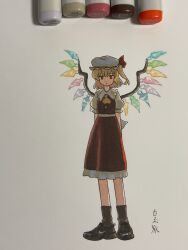 1girl arms_behind_back art_tools_in_frame ascot blonde_hair closed_mouth dress expressionless flandre_scarlet frilled_hat frills full_body hat highres looking_at_viewer marker_(medium) mob_cap multicolored_wings nike_(company) one_side_up photo_(medium) puffy_short_sleeves puffy_sleeves red_dress red_eyes shiratama_(hockey) shoes short_hair short_sleeves signature sneakers solo standing touhou traditional_media white_hat wings yellow_ascot 