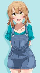  1girl alternate_costume arms_behind_back blue_background blush collarbone dars_(recolors) hair_between_eyes isshiki_iroha looking_at_viewer medium_hair open_mouth overall_shorts overalls simple_background smile twintails yahari_ore_no_seishun_lovecome_wa_machigatteiru. yellow_eyes  rating:General score:4 user:Lucas_Wu