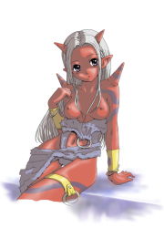  1girl bad_id bad_pixiv_id bracelet breasts colored_skin dragon_quest dragon_quest_x fur horns jewelry long_hair nipples ogre_(dq10) pointy_ears purple_eyes red_skin scarf shin_(2922042011067) spikes white_hair  rating:Questionable score:10 user:PKFire