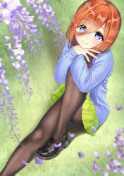 1girl ass black_footwear blue_eyes blue_sweater blurry blush brown_pantyhose closed_mouth commentary_request day depth_of_field fine_fabric_emphasis flower flower_request from_above go-toubun_no_hanayome grass green_skirt hair_between_eyes highres knee_up legs loafers long_hair long_sleeves looking_at_viewer mimikaki_(men_bow) miniskirt nakano_miku orange_hair outdoors pantyhose petals pleated_skirt purple_flower shadow shoes skirt sleeves_past_wrists smile solo sweater thighband_pantyhose rating:Sensitive score:24 user:danbooru