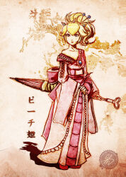  1girl adapted_costume alternate_costume artist_name back_bow bandaged_arm bandages blonde_hair blue_eyes blue_gemstone bow breasts brooch chest_jewel cleavage closed_umbrella collarbone commentary cross-laced_clothes cross-laced_sleeves english_commentary eyelashes full_body geisha gem geta hair_ornament hairpin high_ponytail holding holding_umbrella japanese_clothes jay_phenrix jewelry kimono lace lace-trimmed_kimono lace_trim long_hair long_sleeves looking_at_viewer mario_(series) nintendo oil-paper_umbrella parted_lips pink_bow pink_kimono pink_lips pink_sash pink_sleeves pink_umbrella princess_peach red_footwear sash shadow signature simple_background single_bare_shoulder solo tiara umbrella waist_sash watermark white_background wide_sleeves yellow_headwear 