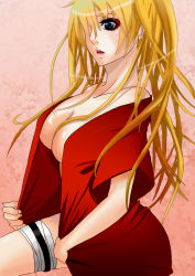  1girl bandages bare_shoulders blonde_hair blue_eyes blush breasts collarbone eyeshadow female_focus from_side genderswap genderswap_(mtf) gradient_background hair_over_one_eye jacket large_breasts long_hair looking_to_the_side makeup naruko_(naruto) naruto naruto_(series) naruto_shippuuden no_bra off_shoulder one_eye_covered open_mouth red_jacket sennin_mode short_sleeves solo stitch728 teeth tongue twintails undressing uzumaki_naruko_(sennin_mode) uzumaki_naruto  rating:Questionable score:67 user:45r