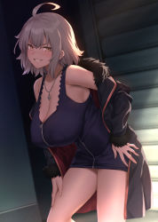  1girl ahoge black_dress blue_coat breasts cleavage coat dress fate/grand_order fate_(series) full-length_zipper fur-trimmed_coat fur-trimmed_jacket fur-trimmed_sleeves fur_trim hand_on_own_hip jacket jeanne_d&#039;arc_alter_(fate) jeanne_d&#039;arc_alter_(ver._shinjuku_1999)_(fate) jewelry large_breasts leaning_forward looking_at_viewer necklace official_alternate_costume open_clothes open_coat short_dress short_hair smile solo try_(lsc) white_hair yellow_eyes zipper  rating:Sensitive score:64 user:danbooru
