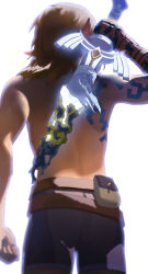  1boy absurdres belt_pouch bike_shorts brown_hair from_behind highres link male_focus master_sword medium_hair nintendo pouch solo the_legend_of_zelda the_legend_of_zelda:_tears_of_the_kingdom topless_male yos_(72112764) 