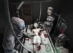  1boy 3girls 6th_gate absurdres amputee bandages blood blue_skin colored_skin doctor ero_guro gas_mask glasses guro hat highres hospital intravenous_drip intubation loli lying mask medical mouth_mask multiple_girls nude nurse nurse_cap operating_table operation original scalpel scar stitches surgeon surgery surgical_mask table toi_(number8) zombie  rating:Questionable score:88 user:danbooru